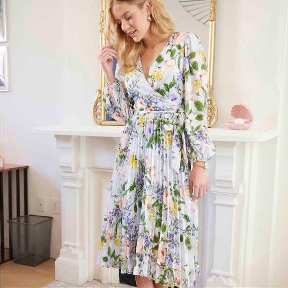 KENSIE Floral Pleated Faux Wrap Midi Dress - Picture 1 of 13